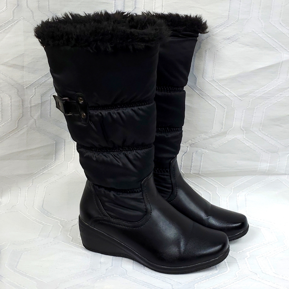 Black Calf length Wedge Heel faux fur lined Winter Boots Size 5 (6)